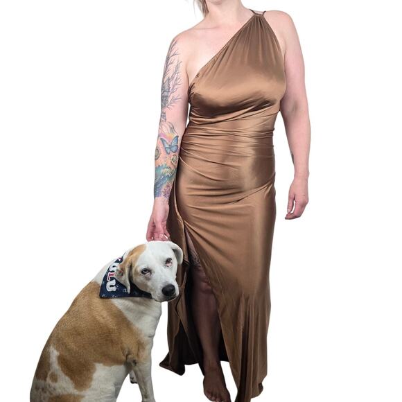 Other Dresses & Skirts - Large & XL Brown Sexy One Shoulder Satin Maxi Dress w Slit [TF034-Brown]